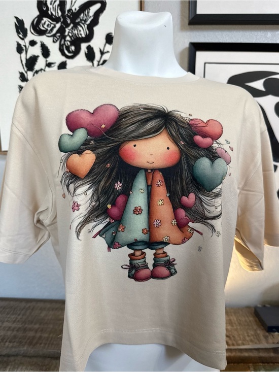 Tops - Cream  Graphic Tee with Heart Doll Print